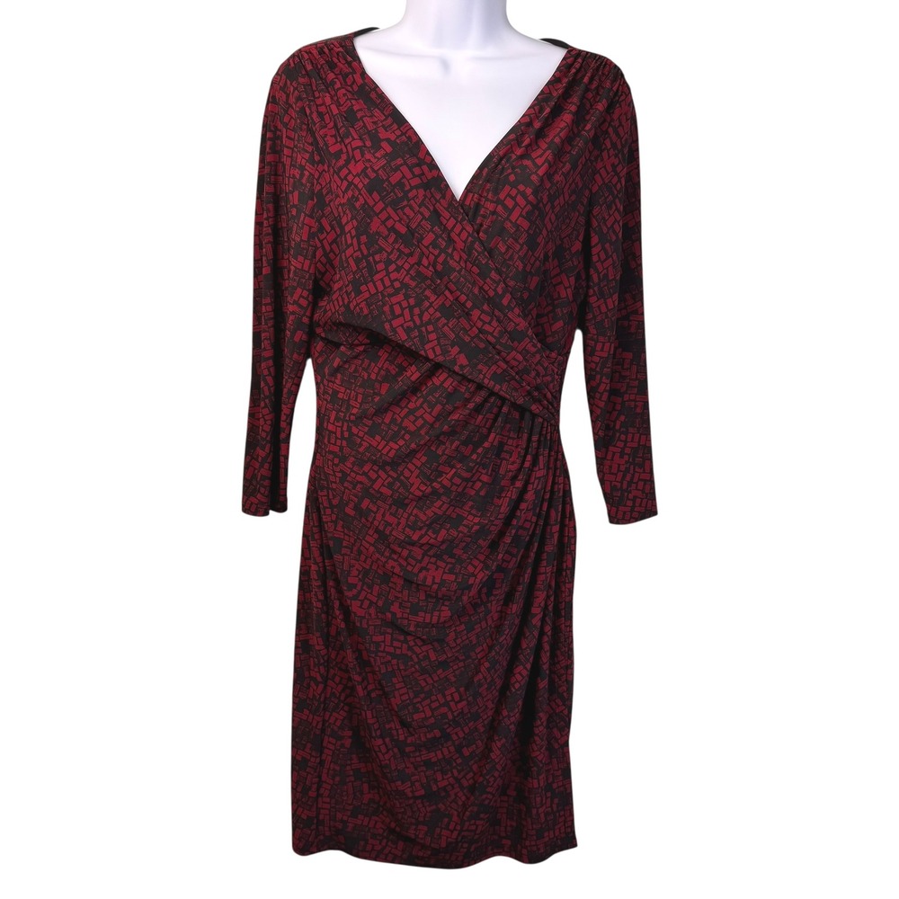 Ralph Lauren Dress 10 Red Black Geometric Print‎ 3/4 Sleeve Faux Wrap Career - Picture 2 of 16
